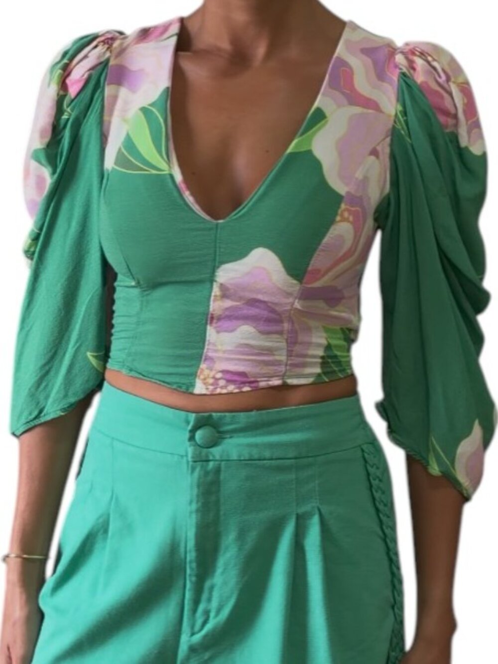 Farm Rio Green Lilac Floral Puff Sleeve Crop Top Size S